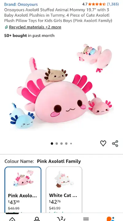 This new open box Onsoyours Axolotl stuffed animal is 19.7 inches, and comes with 3 baby Axolotl plu...