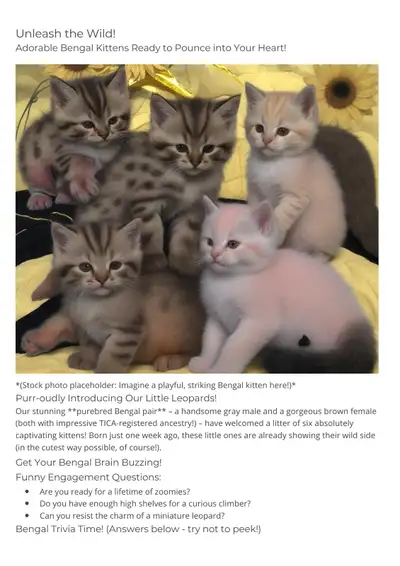 Gorgeous one week old pure Bengal kittens for sale, View more