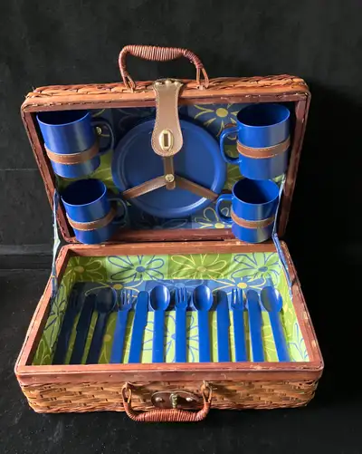 Vintage Picnic Basket with Dishes for 4 People, View more