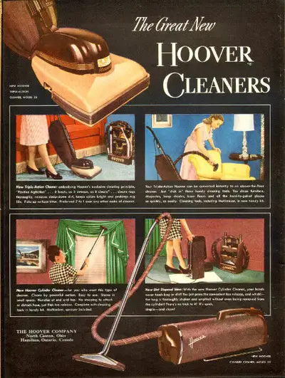 1947 large, full-page color magazine ad for Hoover Vacuums, View more