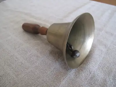 ANTIQUE HAND-HELD BRASS SCHOOL BELL- Wood Handle 9" tall, View more
