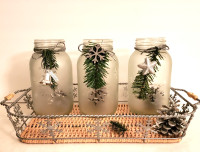 Metal Snowflake Tray With Three Frosted Mason Jars