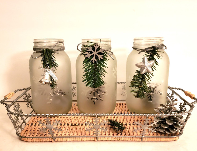 Metal Snowflake Tray With Three Frosted Mason Jars in Holiday, Event & Seasonal in Kitchener / Waterloo