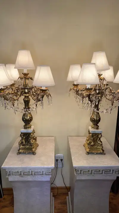 Antique Pair of candelabra table lamps with crystal accents, View more