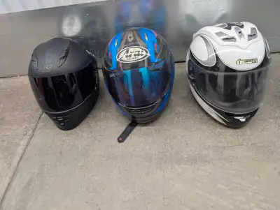 Clearing out some gear, so I'm offering these motorcycle helmets. Brands include HJC Arashi, Arai, a...