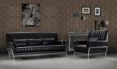 Full black leather modern sofa set 3-piece loveseat & chair, View more