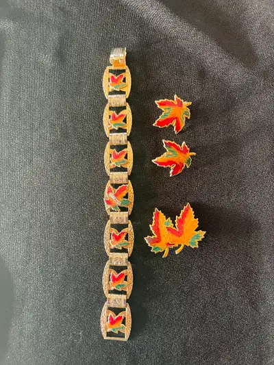 Vintage Set - Bracelet , Broach, Earrings  Enameled Maple Leaves, View more