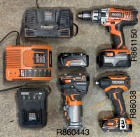 Ridgid router, impact driver, drill, batteries & chargers
