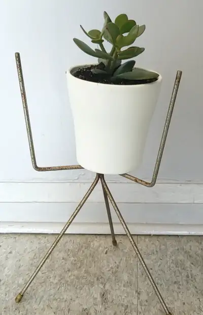 Mid century modern chrome plant stand. H = 15 inches. Circumference = 24inches. Plant not included....