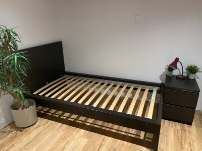 Black Double Bed Frame with Slats & Matching Nightstand – $150, View more