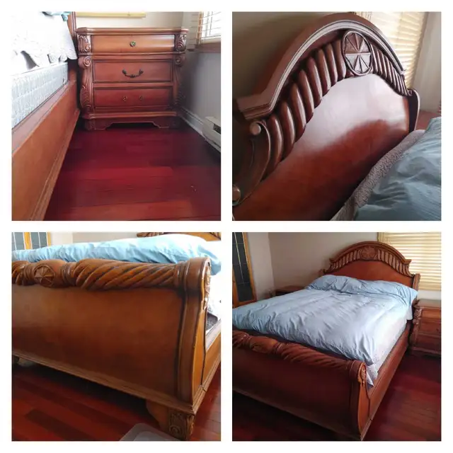 Lit queen en bois massif exotique + 2  table de chevet valeur $8 in Beds & Mattresses in City of Montréal - Image 2