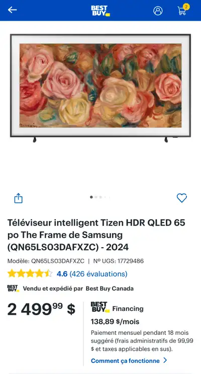 Télé neuve 65 po Samsung Frame, View more