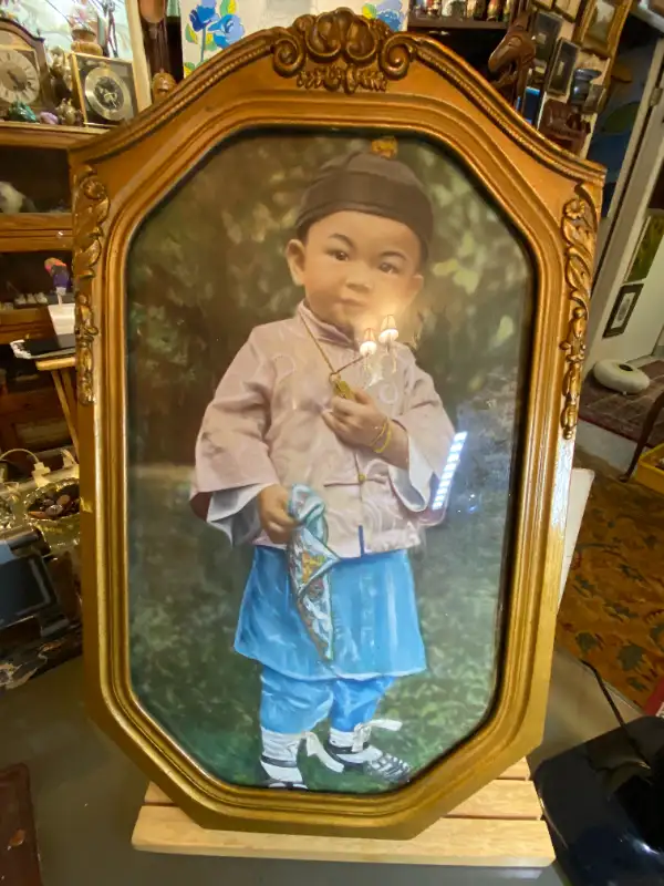 Antique Chinese Painted Photo Portrait Boy 1920s Wood Frame and in Arts & Collectibles in Vancouver - Image 2