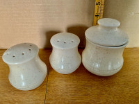 Three pce Ceramic set 4” Sugar, salt,  pepper 