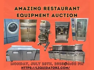 This is a used selection of restaurant equipment being sold at auction. The equipment includes mixer...