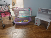 Toy doll set with crib, stroller and desk