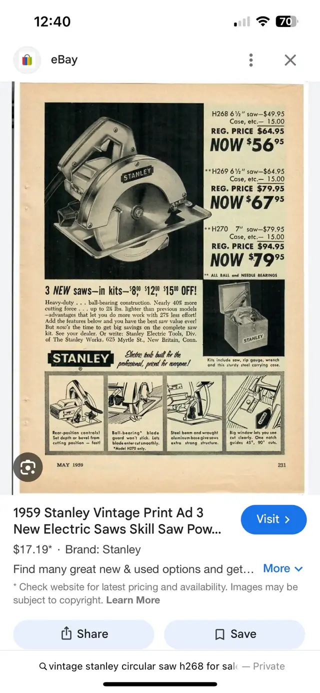 Stanley Circular Saw Electric Vintage Tools  in Power Tools in Mississauga / Peel Region - Image 8