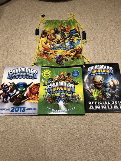 Skylanders books and drawstring bag, View more