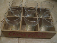 6 coca cola glasses, ~200 ml, with wooden storage case. $10