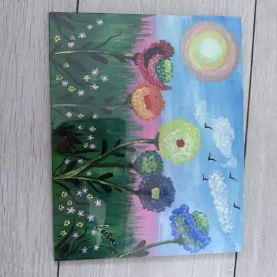 This small and vibrant painting on canvas board adds a touch of whimsy to any space. The artwork fea...