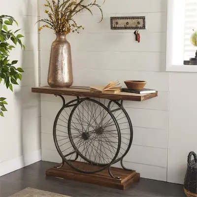 Deco 79 Wood Bike Wide Slatted Top Console Table with Dual Wheel, View more