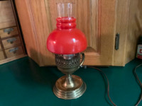 Vintage Hurricane Finger Lamp w Brass Base and a Red Chimney