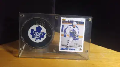 Doug Gilmour autographed hockey card and puck., View more