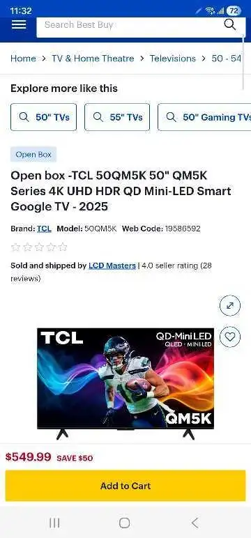 2025 -- TCL 50" QM5K Series 4K UHD HDR QD Mini-LED Smart Google, View more