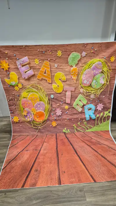 Perfect condition. Easter backdrop & rustic barndoor backdrop, $10 each.