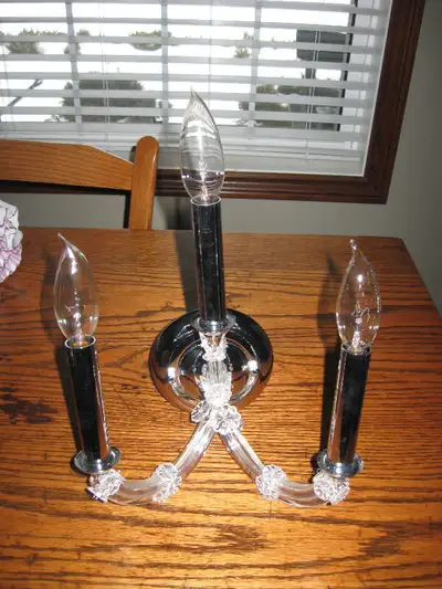 NEW PAIR OF GLASS AND CHROME 3 LITE WALL SCONCE LITE FIXTURES, View more