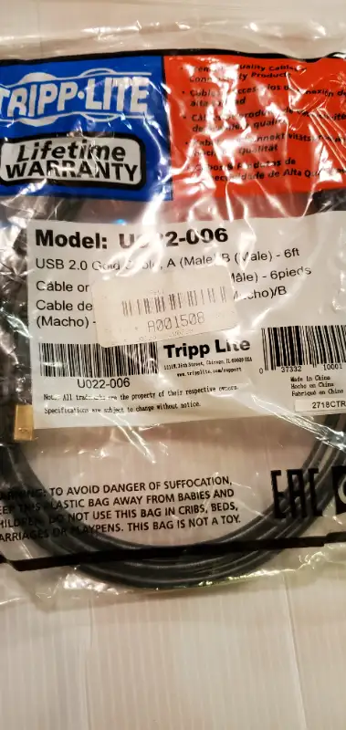 YOU ARE PURCHASING A NEW SEALED TRIPP-LITE USB 2.0 GOLD CABLE A (MALE) / B (MALE) 6ft MODEL # U022-0...