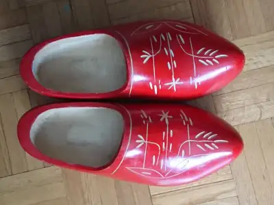 Vintage Dutch Wooden Hand Carved Red Clogs, View more