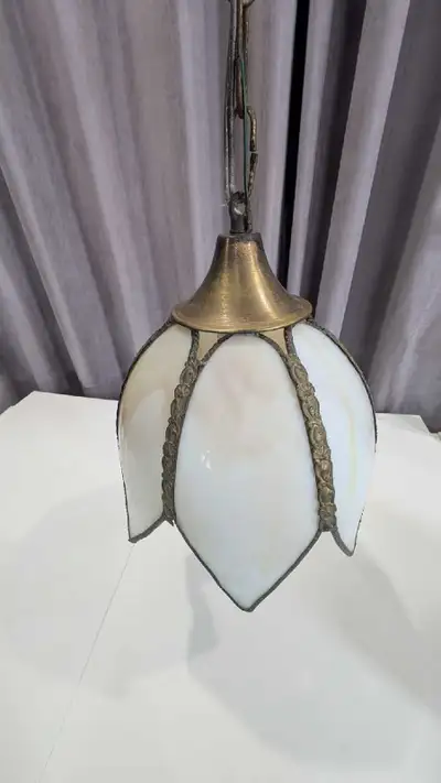 Vintage tulip slag glass and brass Hanging Lamp, View more