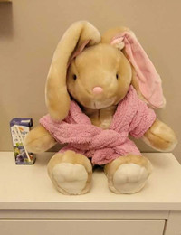 Very soft Dandee Plush Rabbit wearing a pink bathrobe