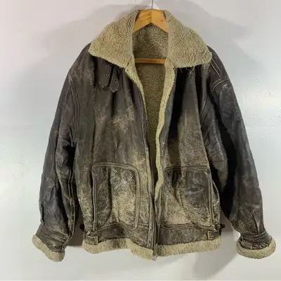 Vintage aviator distressed leather shearling Winter jacket / men, View more