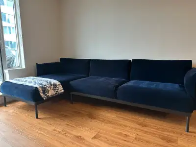 Selling my beloved IKEA ÄPPLARYD 3-seat sofa, with chaise lounge in dark blue. Sleek, modern design...