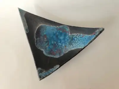 Raku Slab Studio Pottery Modern Triangle Dish Iridescent Footed, View more