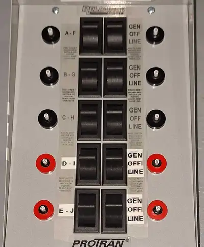 Reliance Controls manual Transfer Switch panel for emergency power supplied by a generator to a home...