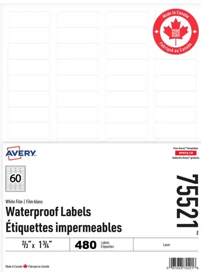 Étiquettes Avery Waterproof Labels for Laser Printer 2/3"x1-3/4", View more