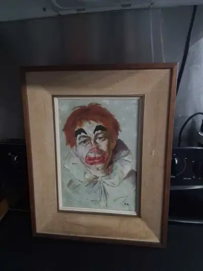 Vintage Signed Melancholy Clown Portrait OOC 16x20", View more