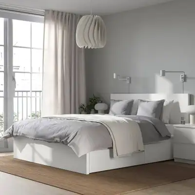 Lit Queen blanc avec 2 Tiroirs double bed frame with drawers , View more
