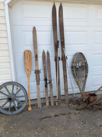 Antique Wooden Skis, Snowshoes, Wheels Paddle Seeder vintage 