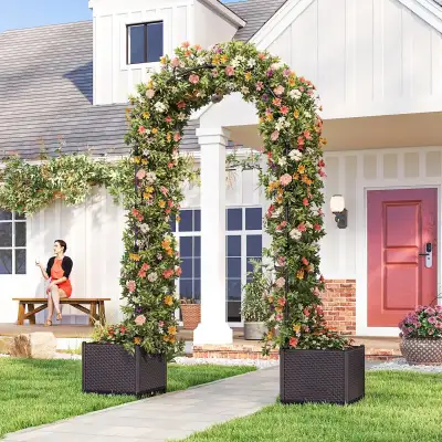 8ft Garden Arch with Two Planters Outdoor Steel Trellis Arbor for Climbing Plants, Weddings, Party,...