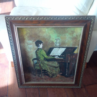 Vintage Painted Picture, Woman Playing Organ/Piano