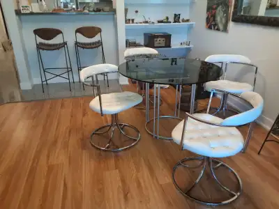 Glass table, white chrome chairs, View more