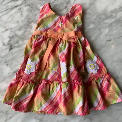 12 Months - Girls Peach Plaid Halter Dress With Daisies, View more