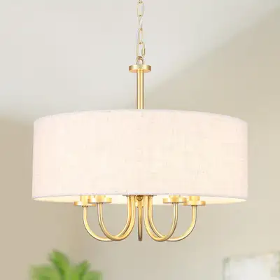 19” Modern Drum Chandelier, 5-Light Linen Shade Gold Brass, View more