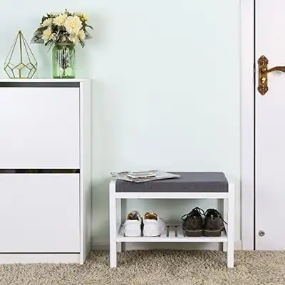 Bamboo Shoe Bench with Seat Cushion and 2 Shelves for Living Roo, View more