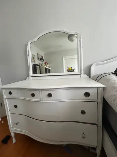 Antique double bed frame and dresser with mirror, View more
