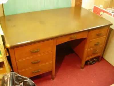 Double pedestal wooden desk  ‘40s/‘50s unique typewriter shelf, View more